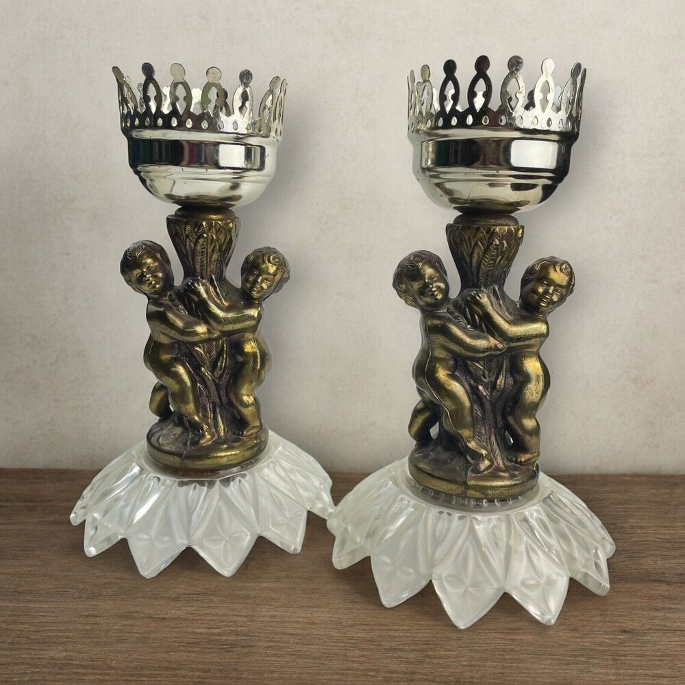 2 Regency Cherub Brass Candle Holders Figural Hurricane Frosted Glass Base